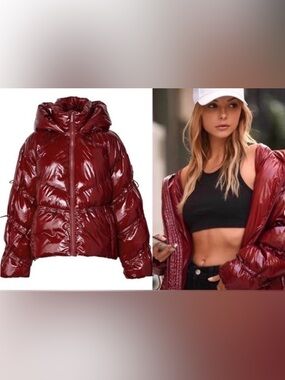 ALO Yoga Glossy Wine Red Puffer Jacket with Hood